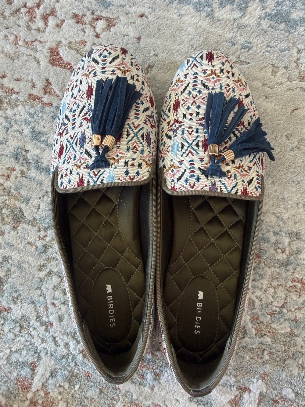 Birdies Navy Tassel Patterned Loafers with Cream Base